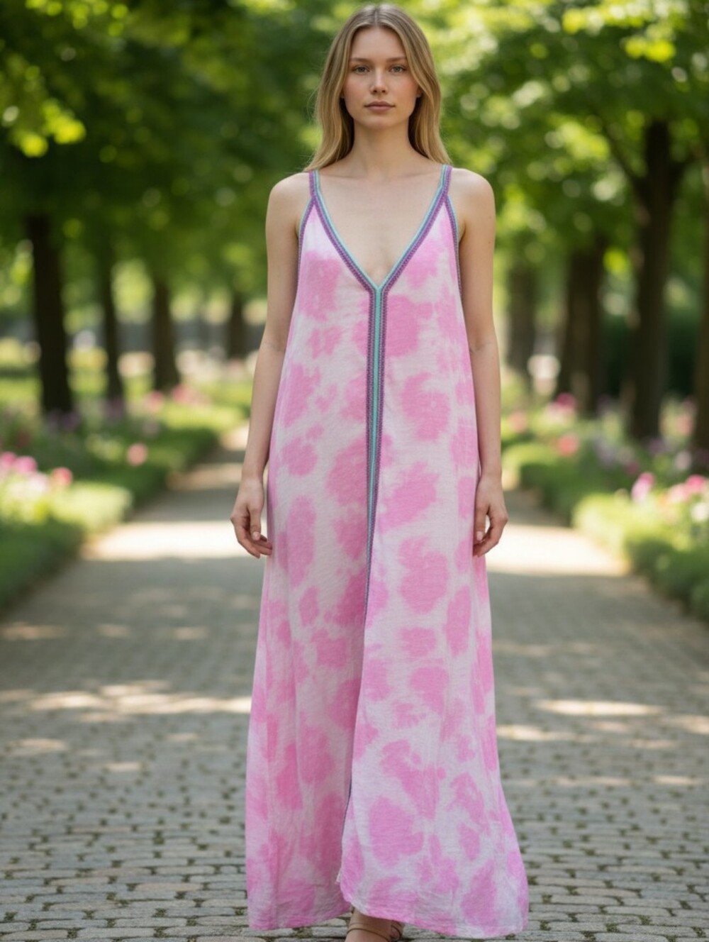 Pitusa Pink White V Neck Sleeveless Maxi Dress Resort Vacation Boho Sz Standard